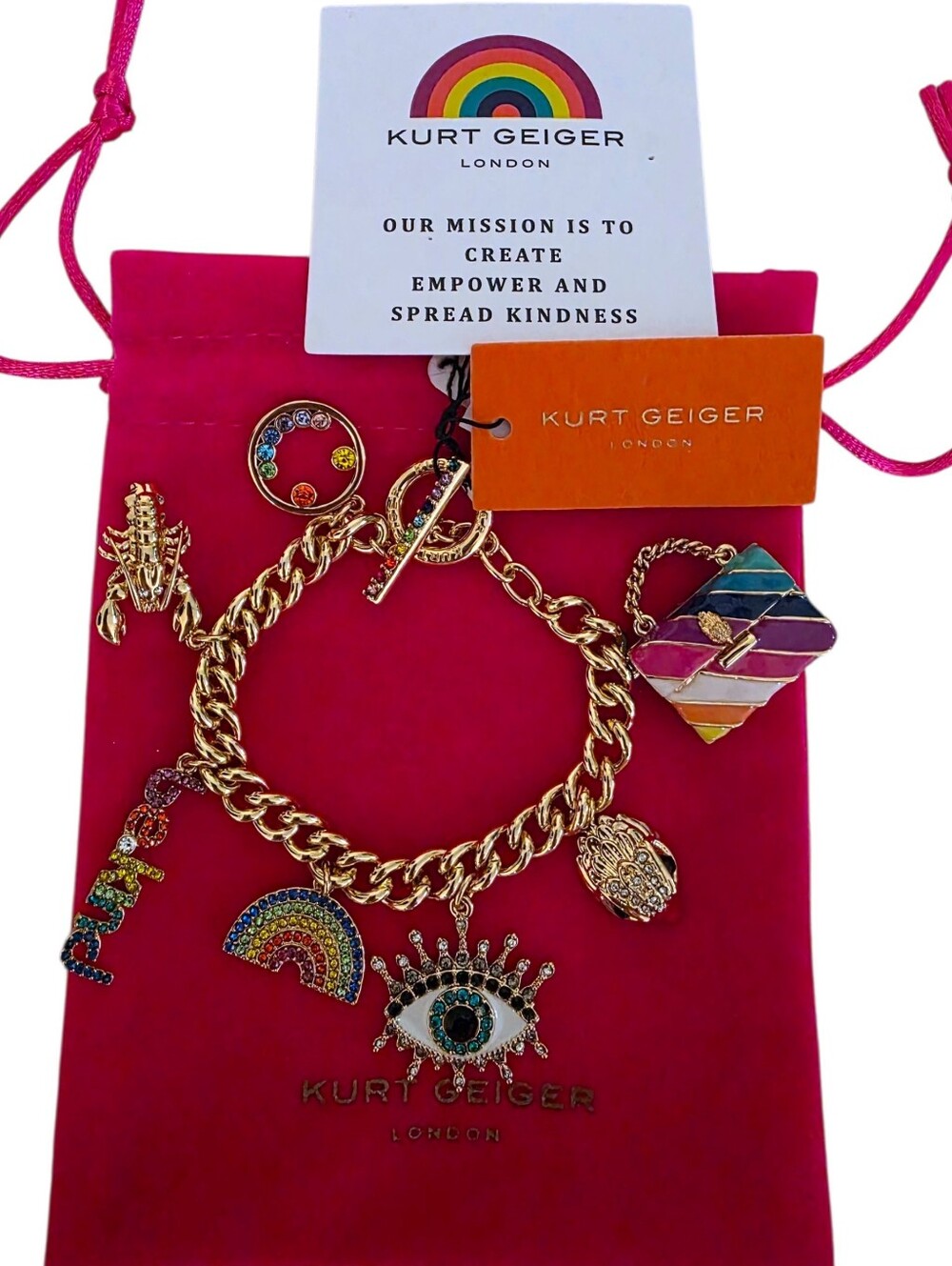 NEW Kurt Geiger Be Kind Charm Bracelet Gold Tone Toggle Clasp
